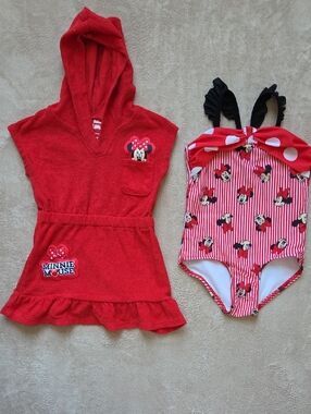 Disney Red Minnie Mouse Hooded Terry Coverup with Striped Minnie Swimsuit 2T